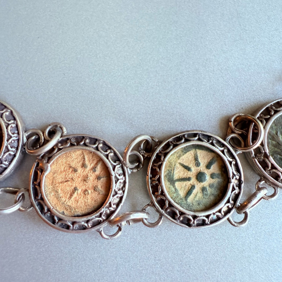 Antique Rare Bronze 8 Widow's Mite Ancient Coins Sterling Silver 950 Bracelet - Picture 2 of 8